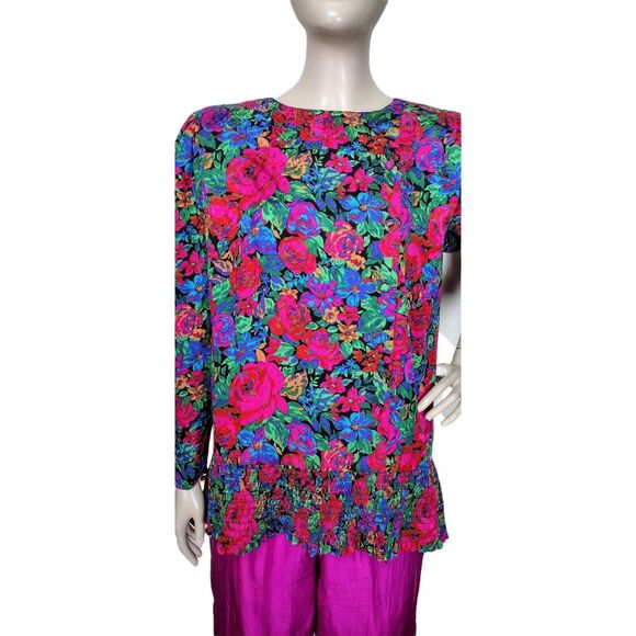 Saks Fifth Avenue Vintage 80s 100% Silk Floral High Shoulder Button-Down Blouse - Picture 8 of 11